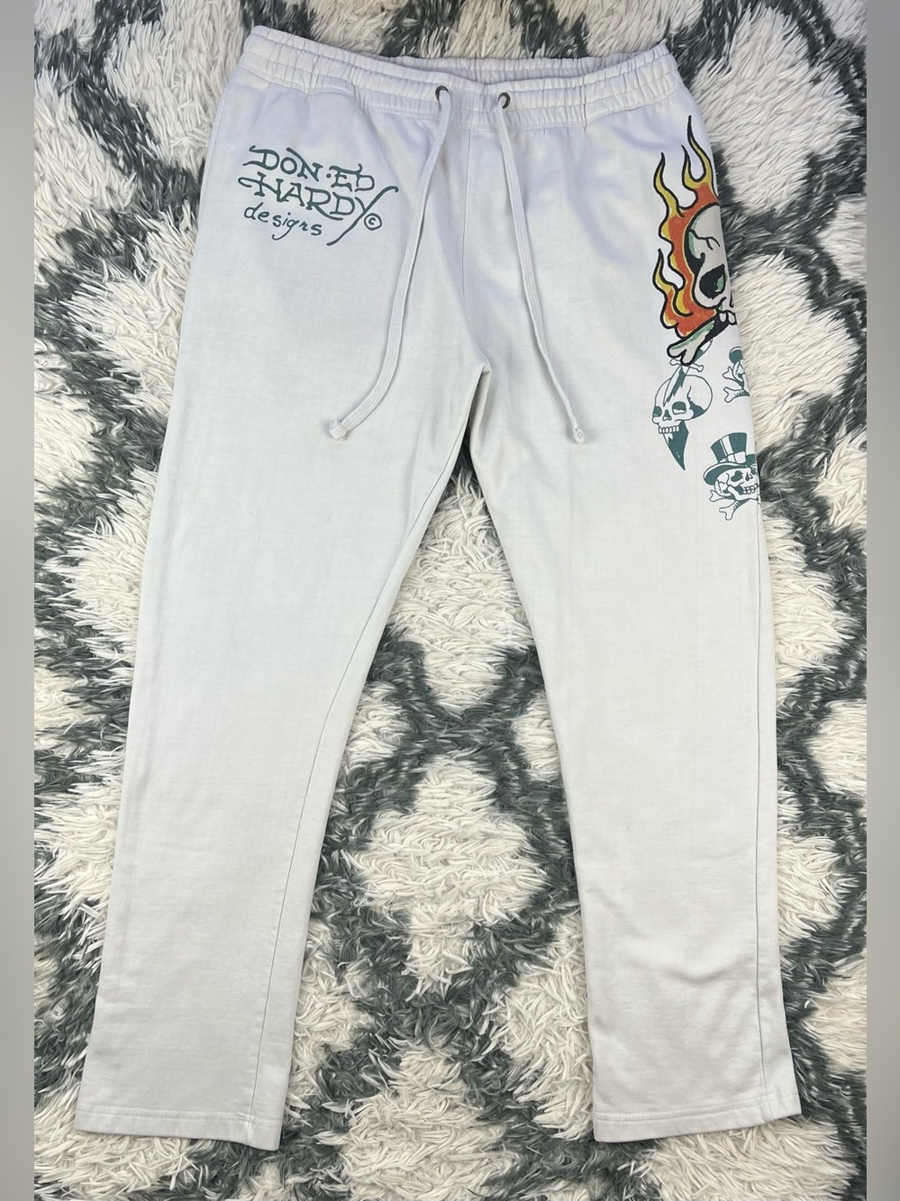 Ed Hardy Men's Ivory Flame Skull Fleece Sweatpants Size Large